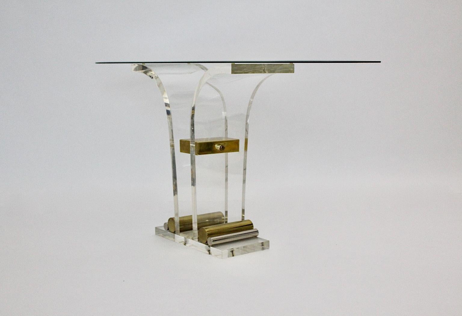 Hollywood Regency Style Vintage Console Table Lucite Brass Glass 1970s Italy 7