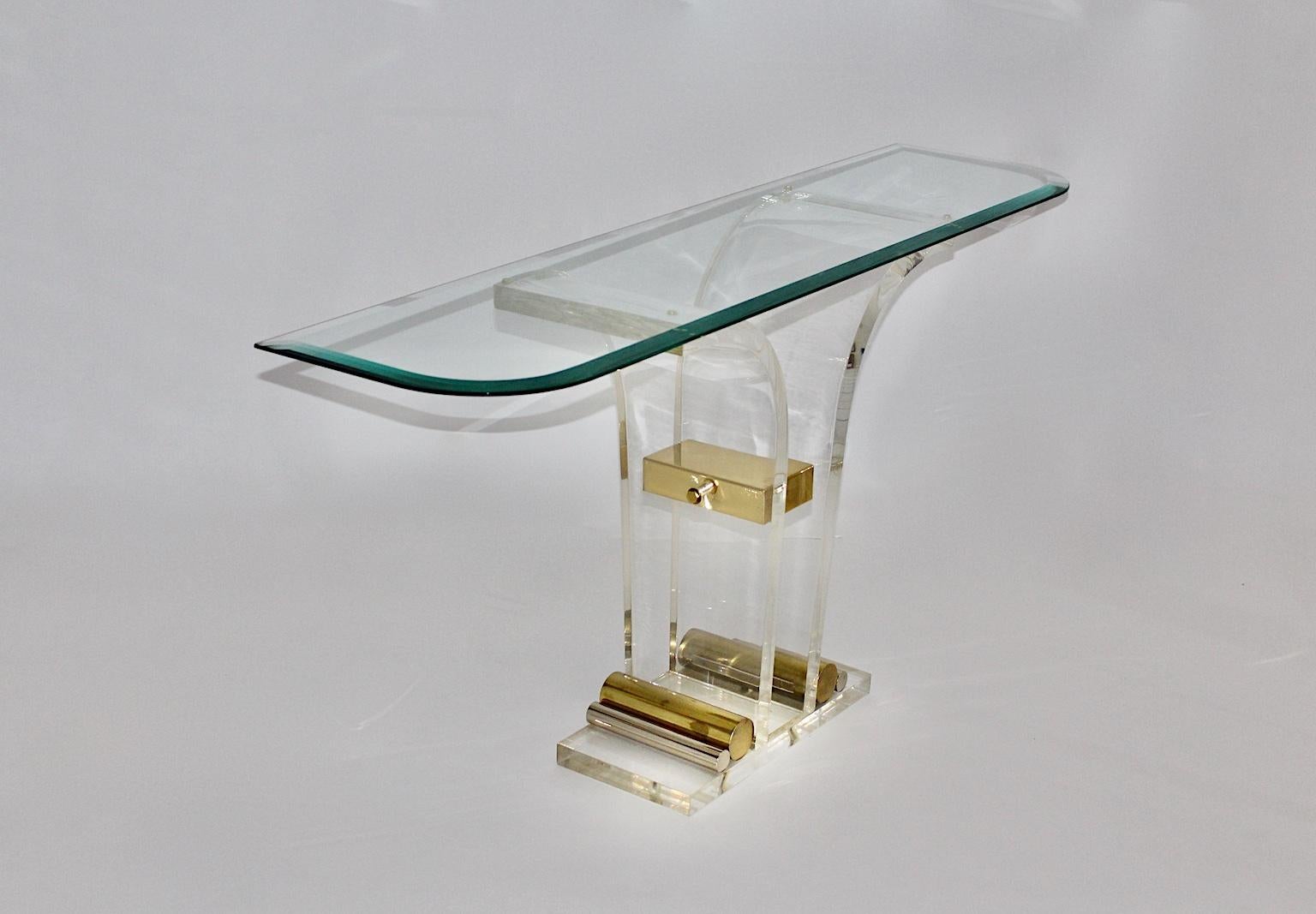 Hollywood Regency Style Vintage Console Table Lucite Brass Glass 1970s Italy 9
