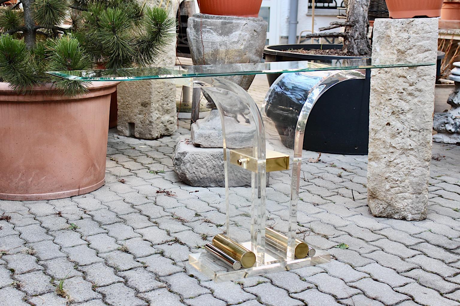 Hollywood Regency Style Vintage Console Table Lucite Brass Glass 1970s Italy In Good Condition In Vienna, AT