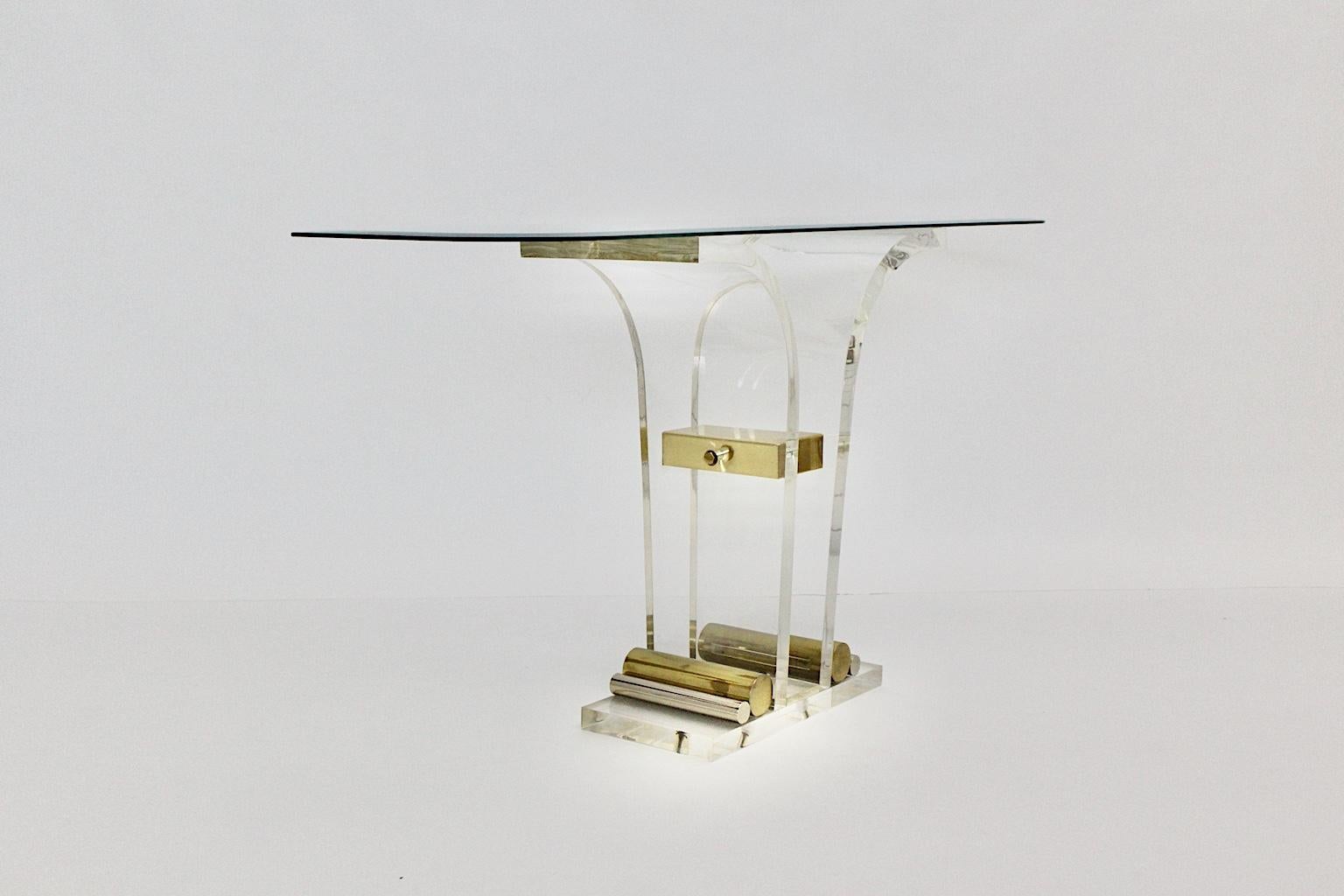 Hollywood Regency Style Vintage Console Table Lucite Brass Glass 1970s Italy 1