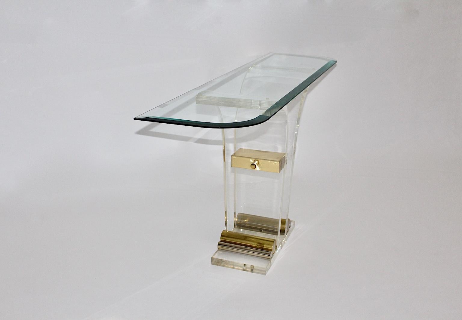 Hollywood Regency Style Vintage Console Table Lucite Brass Glass 1970s Italy 2