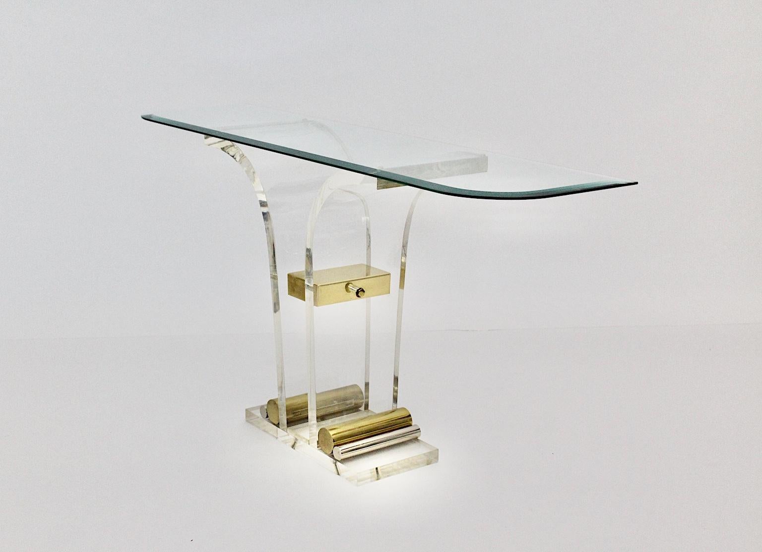 Hollywood Regency Style Vintage Console Table Lucite Brass Glass 1970s Italy 3