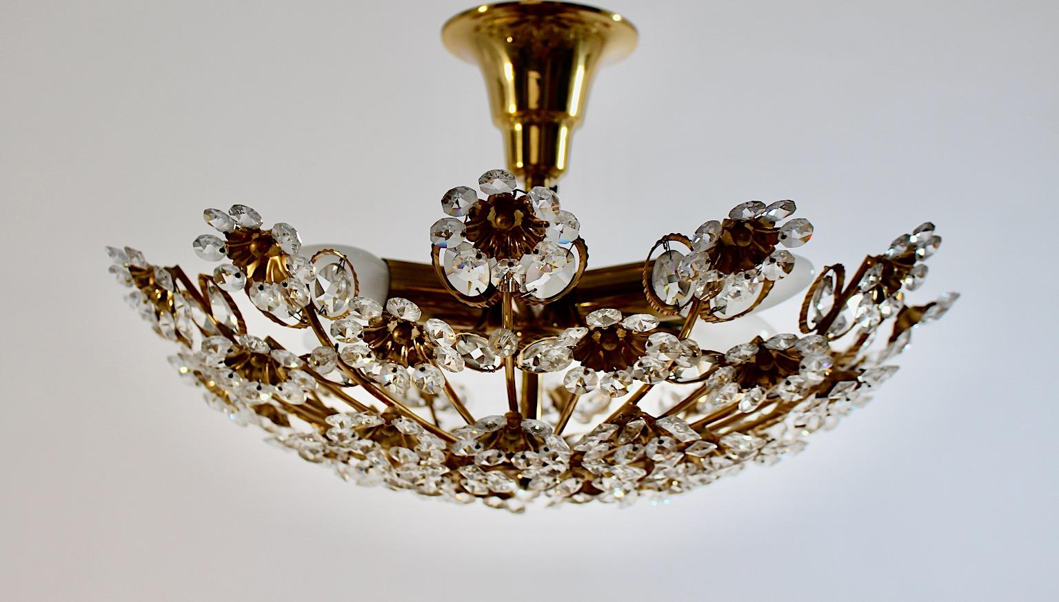 Mid-20th Century Hollywood Regency Style Vintage Flush Mount Brass Flowers Palwa 1960s Germany For Sale