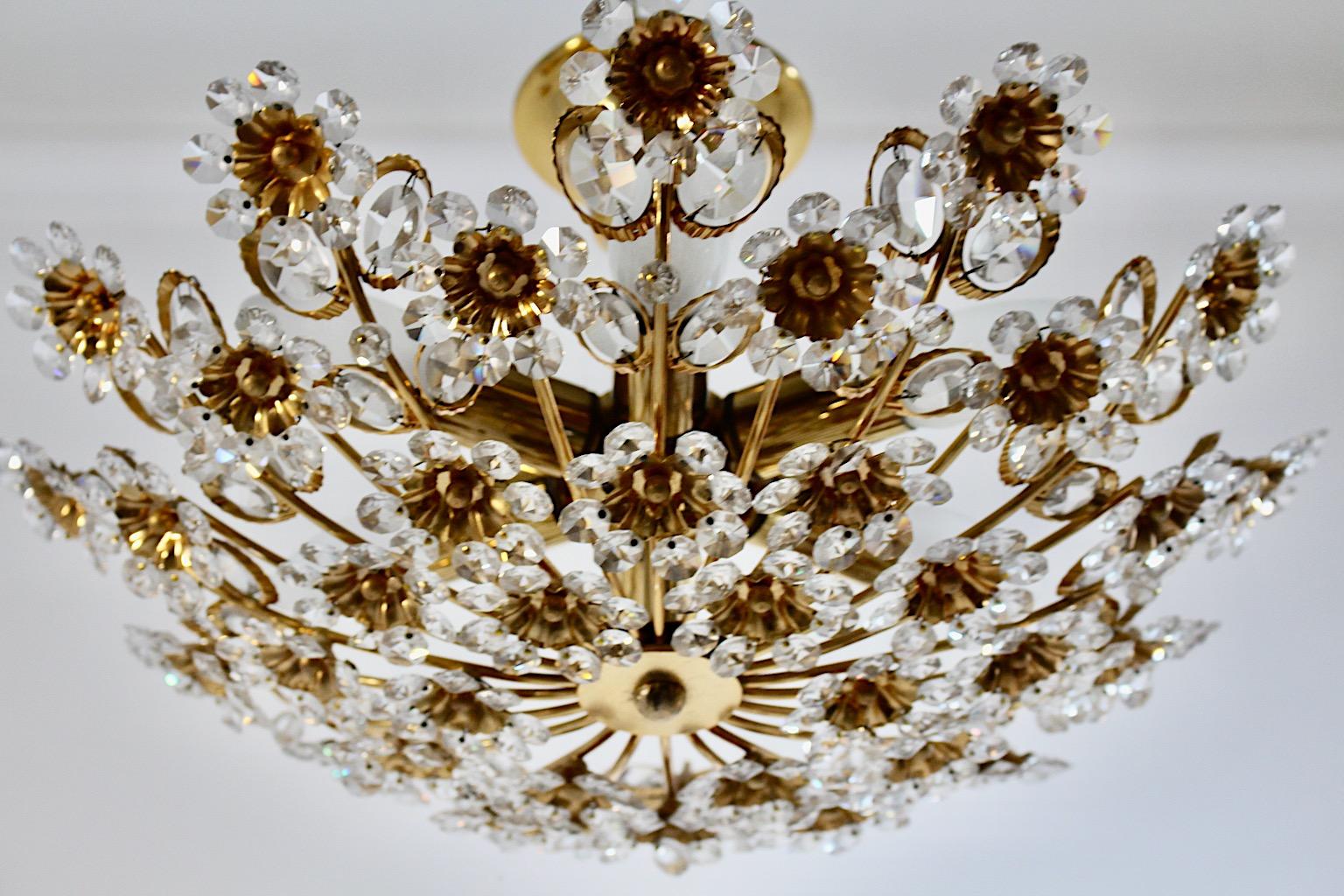 Mid-20th Century Hollywood Regency Style Vintage Flush Mount Chandelier Brass Flowers Palwa 1960s For Sale