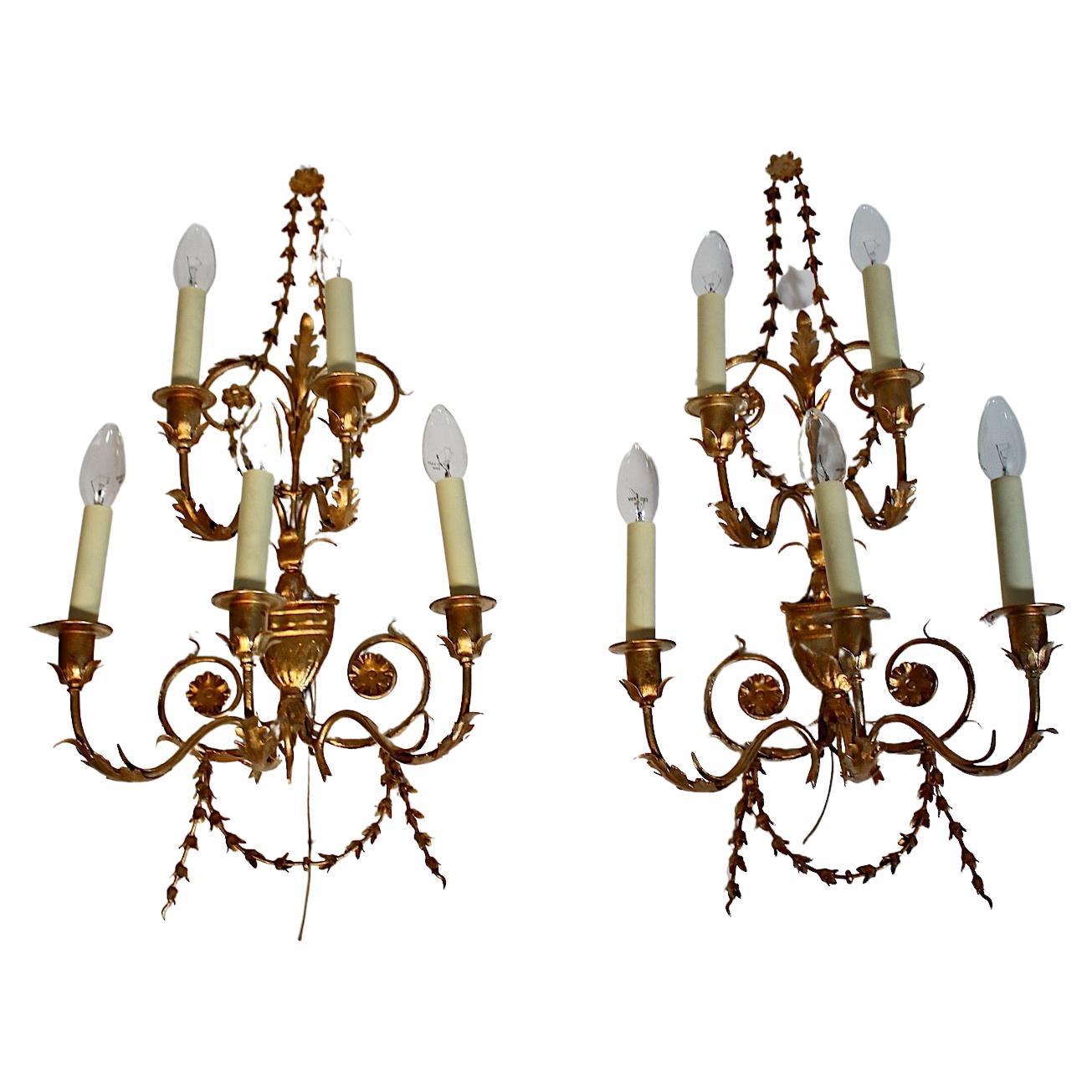 Hollywood Regency Style Vintage Gilt Metal Pair Duo Sconces Wall Lights, 1970s For Sale