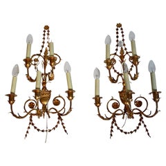Hollywood Regency Style Retro Gilt Metal Pair Duo Sconces Wall Lights, 1970s