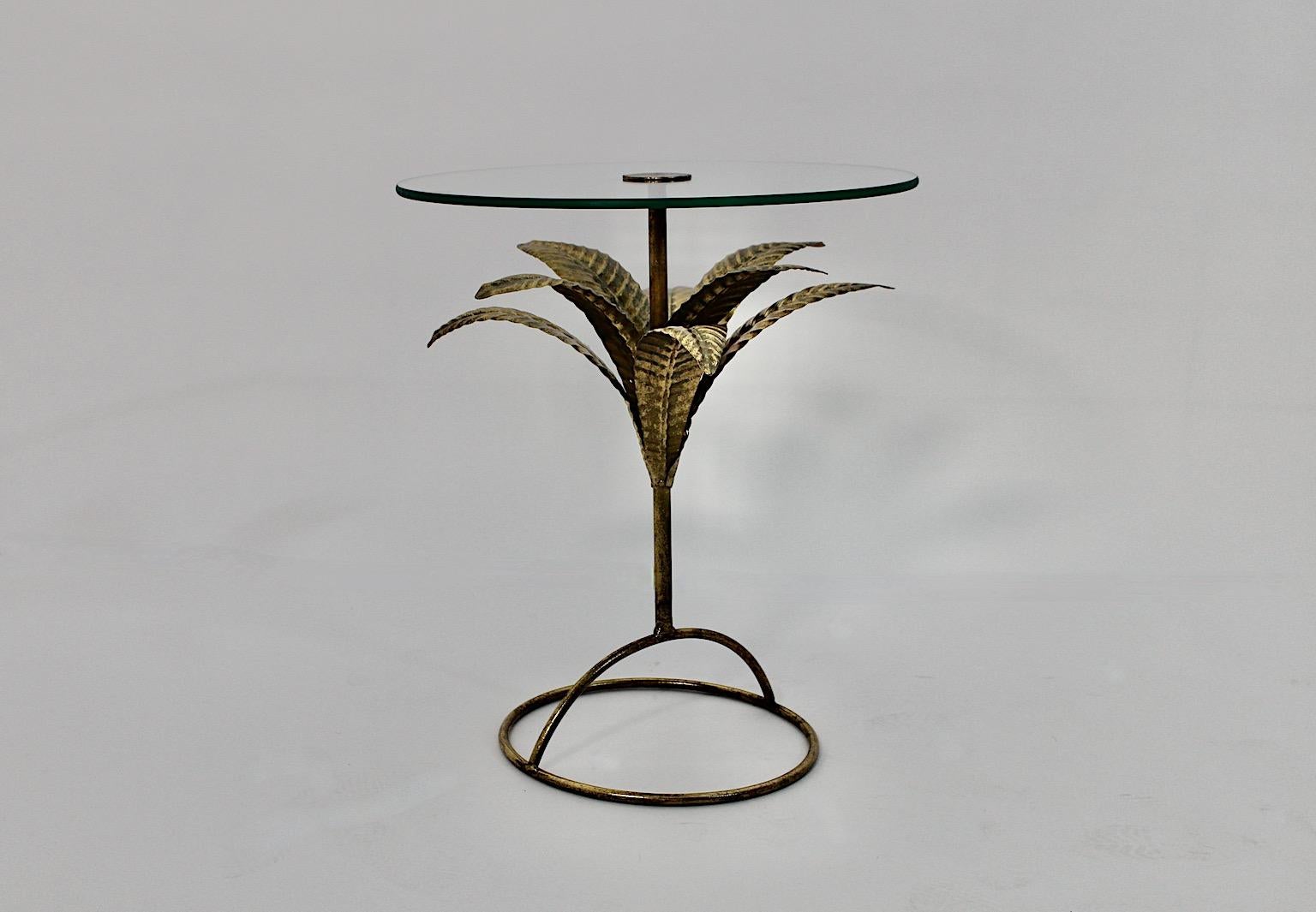 Italian Hollywood Regency Style Vintage Golden Metal Glass Side Table Italy 1970s For Sale