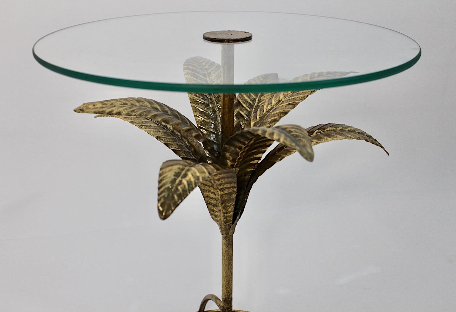 20th Century Hollywood Regency Style Vintage Golden Metal Glass Side Table Italy 1970s For Sale