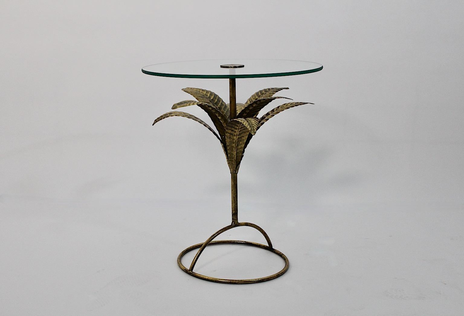 Hollywood Regency Style Vintage Golden Metal Glass Side Table Italy 1970s For Sale 3