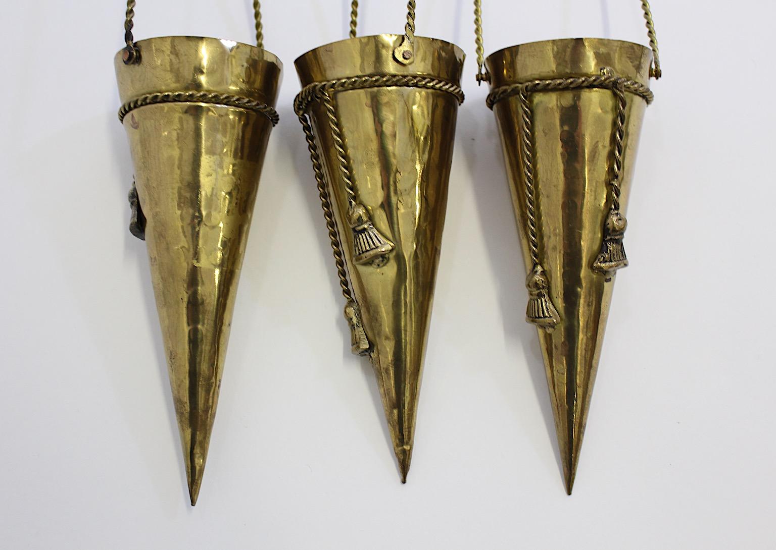 French Hollywood Regency Style Vintage Three Cones Brass Wall Vessel Vases 1950s France For Sale