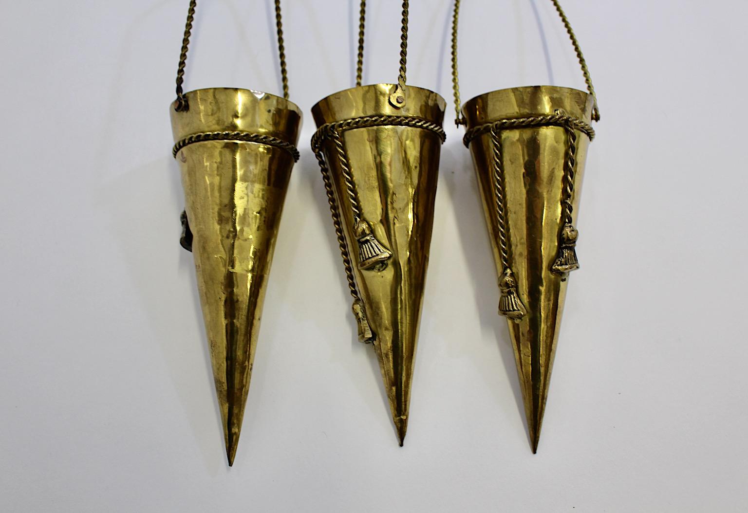 Hollywood Regency Style Vintage Three Cones Brass Wall Vessel Vases 1950s France For Sale 1