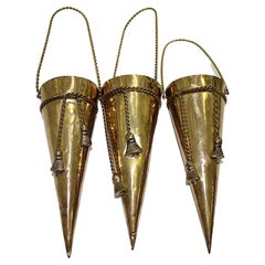 Hollywood Regency Style Vintage Three Cones Brass Wall Vessel Vases 1950s France