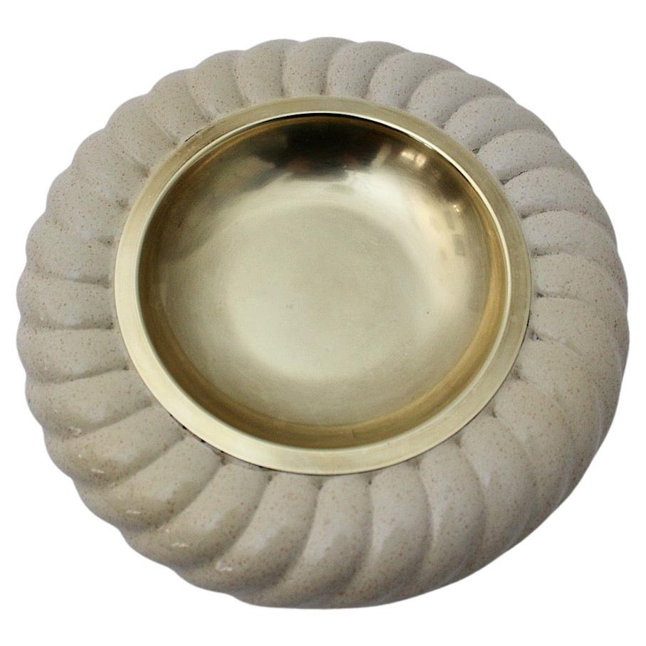 Hollywood Regency Style Vintage White Ceramic Brass Bowl Catchall Tommaso Barbi  For Sale
