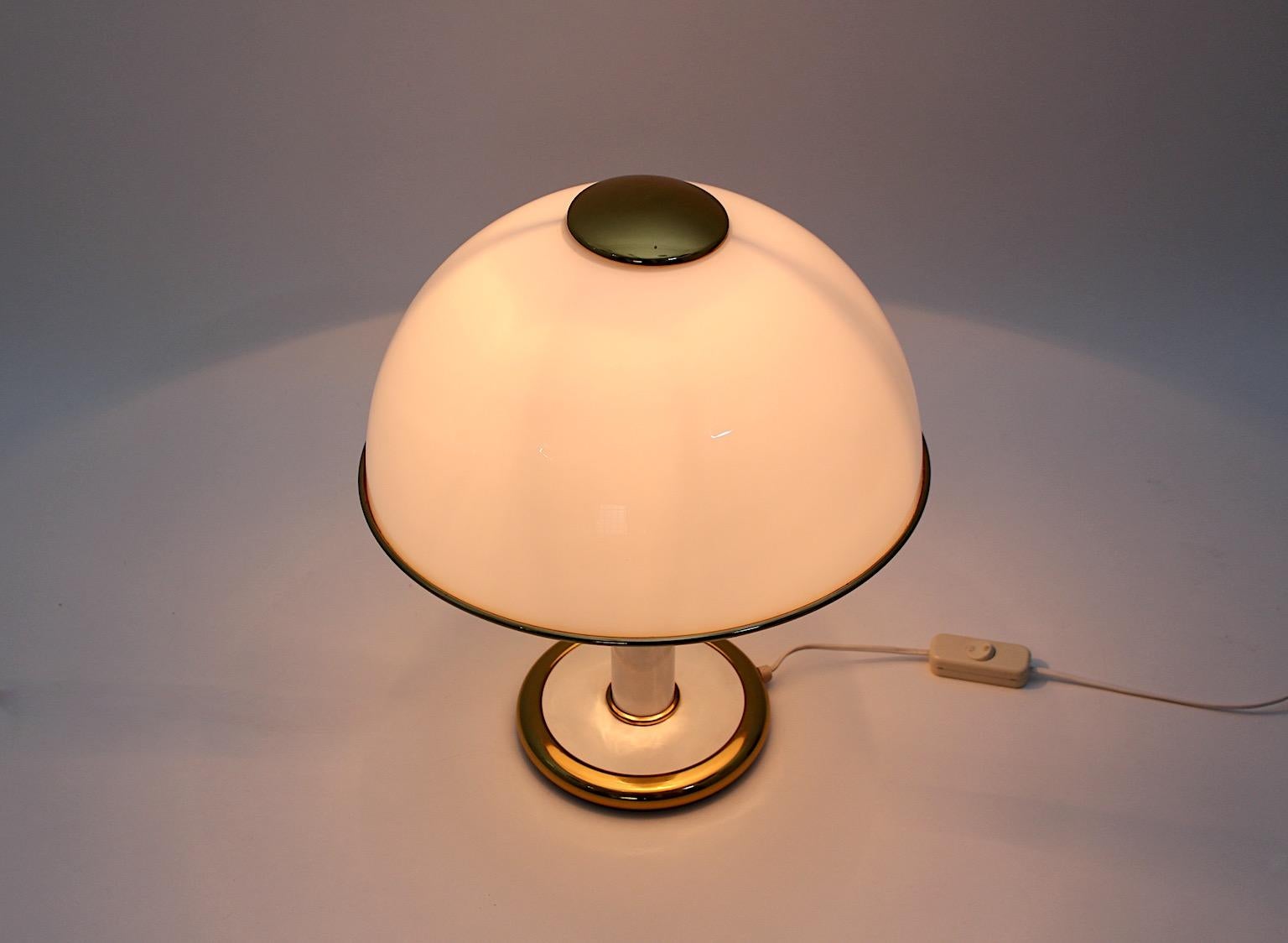 Hollywood Regency Style Vintage White Glass Dome Brass Mushroom Table Lamp 1970s For Sale 6