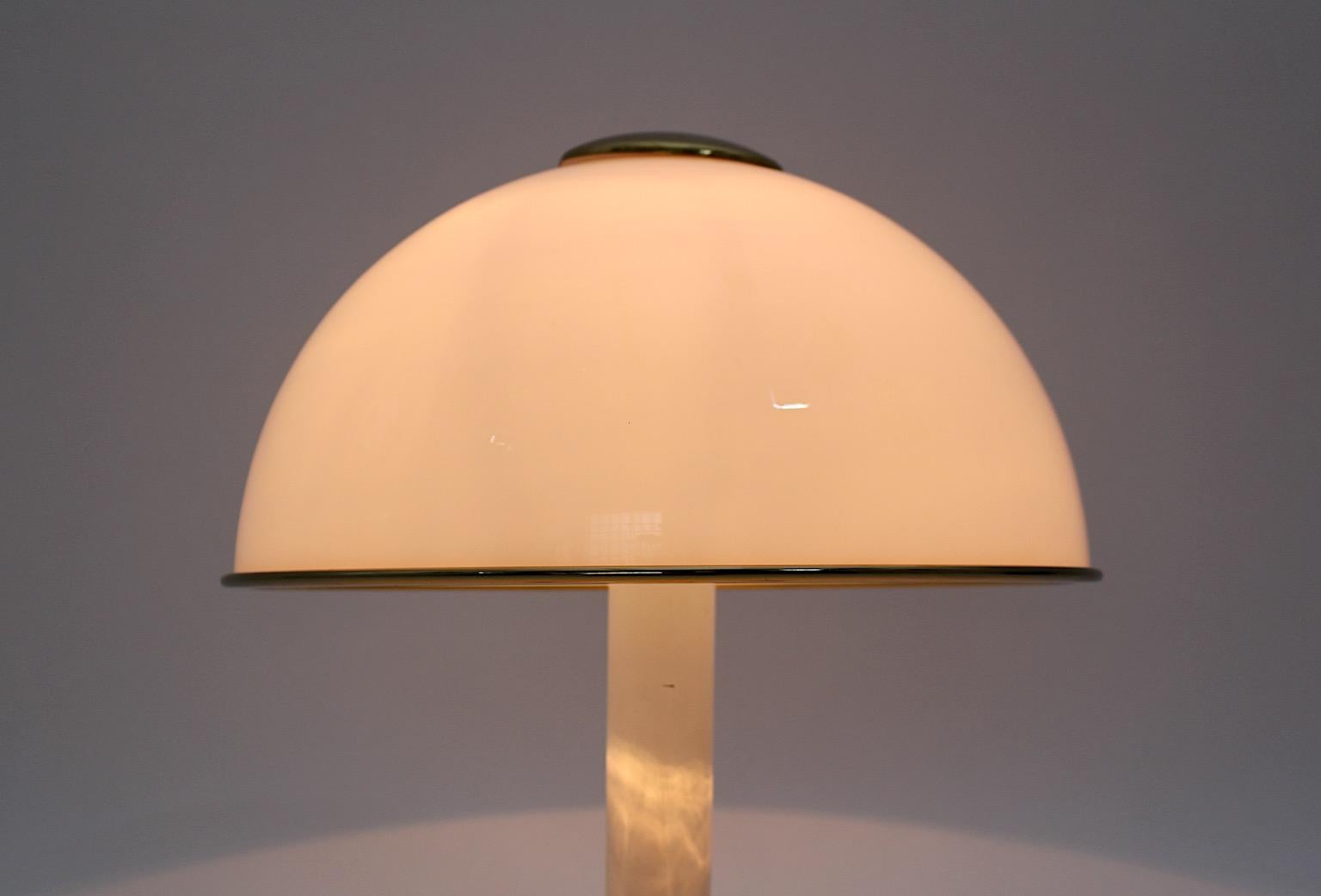 Hollywood Regency Style Vintage White Glass Dome Brass Mushroom Table Lamp 1970s For Sale 11