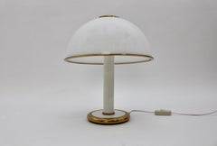 Hollywood Regency Style Vintage White Glass Dome Brass Mushroom Table Lamp 1970s