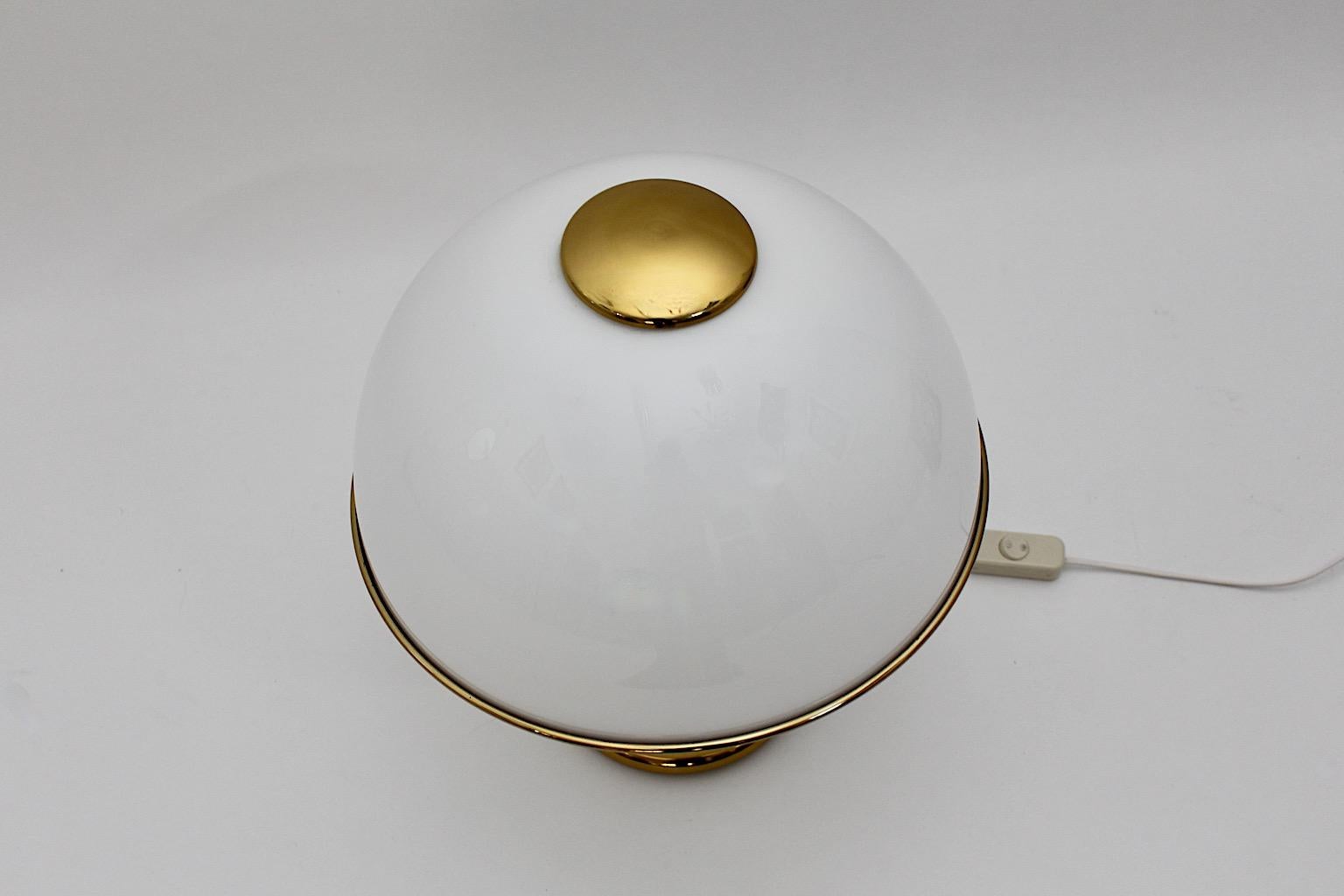 Hollywood Regency Style Vintage White Glass Dome Brass Mushroom Table Lamp 1970s For Sale 1