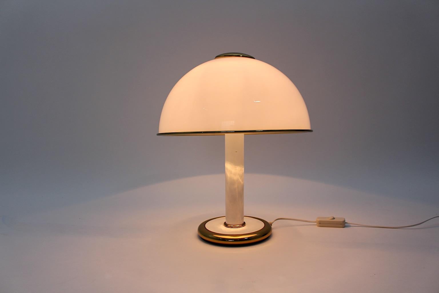 Hollywood Regency Style Vintage White Glass Dome Brass Mushroom Table Lamp 1970s For Sale 3