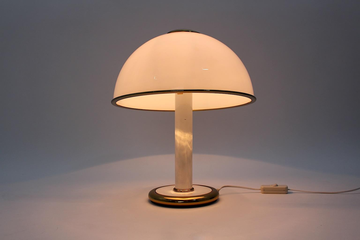 Hollywood Regency Style Vintage White Glass Dome Brass Mushroom Table Lamp 1970s For Sale 4