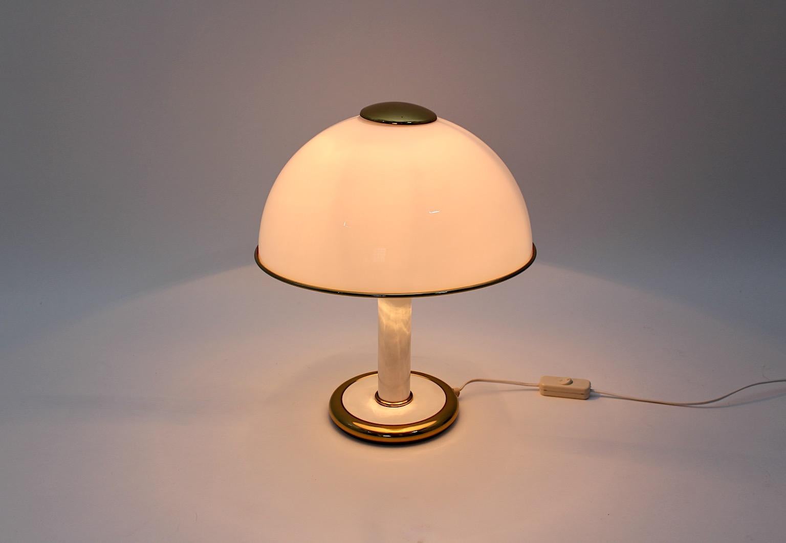 Hollywood Regency Style Vintage White Glass Dome Brass Mushroom Table Lamp 1970s For Sale 5