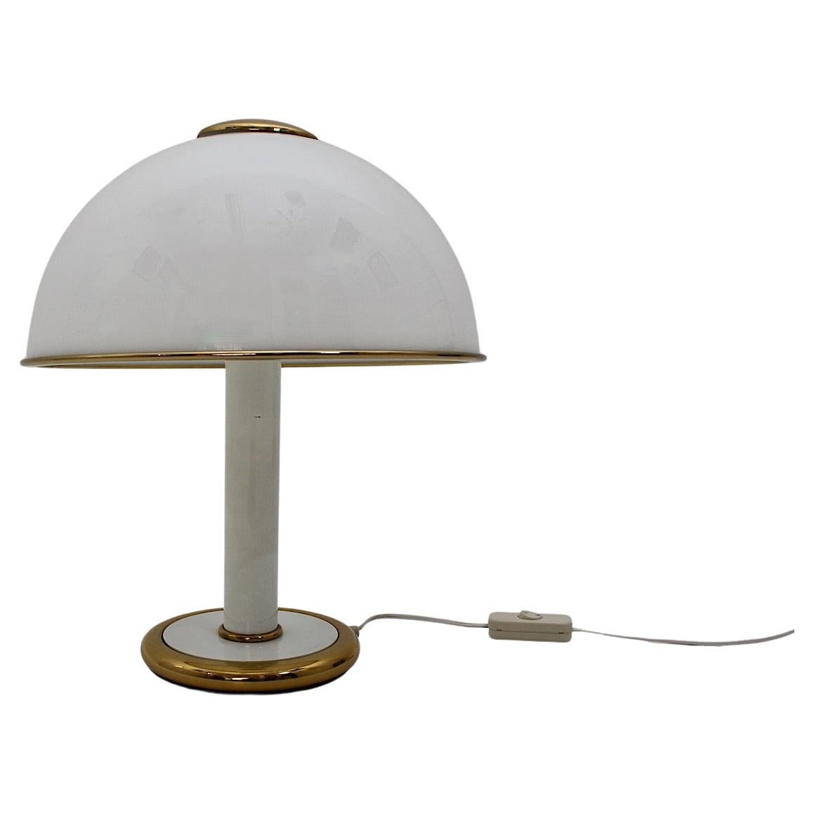 Hollywood Regency Style Vintage White Glass Dome Brass Mushroom Table Lamp 1970s For Sale