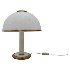 Hollywood Regency Style Vintage White Glass Dome Brass Mushroom Table Lamp 1970s