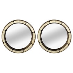 Hollywood Regency Style White Frame & Brass Filigree Inlay Mirror, a Pair