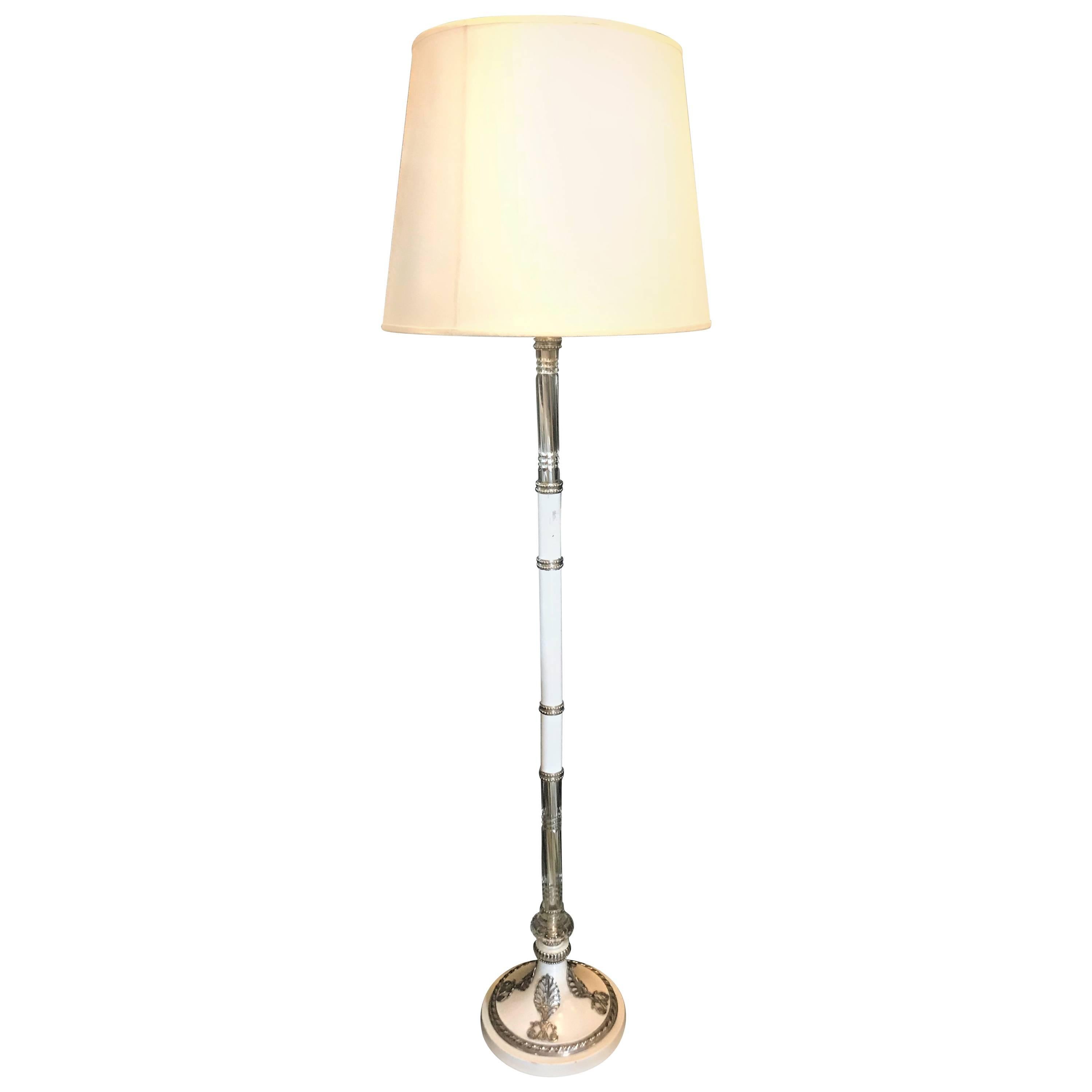 Hollywood Regency Style White Marble Glass and Silver Plate Floor Standing Lamp For Sale