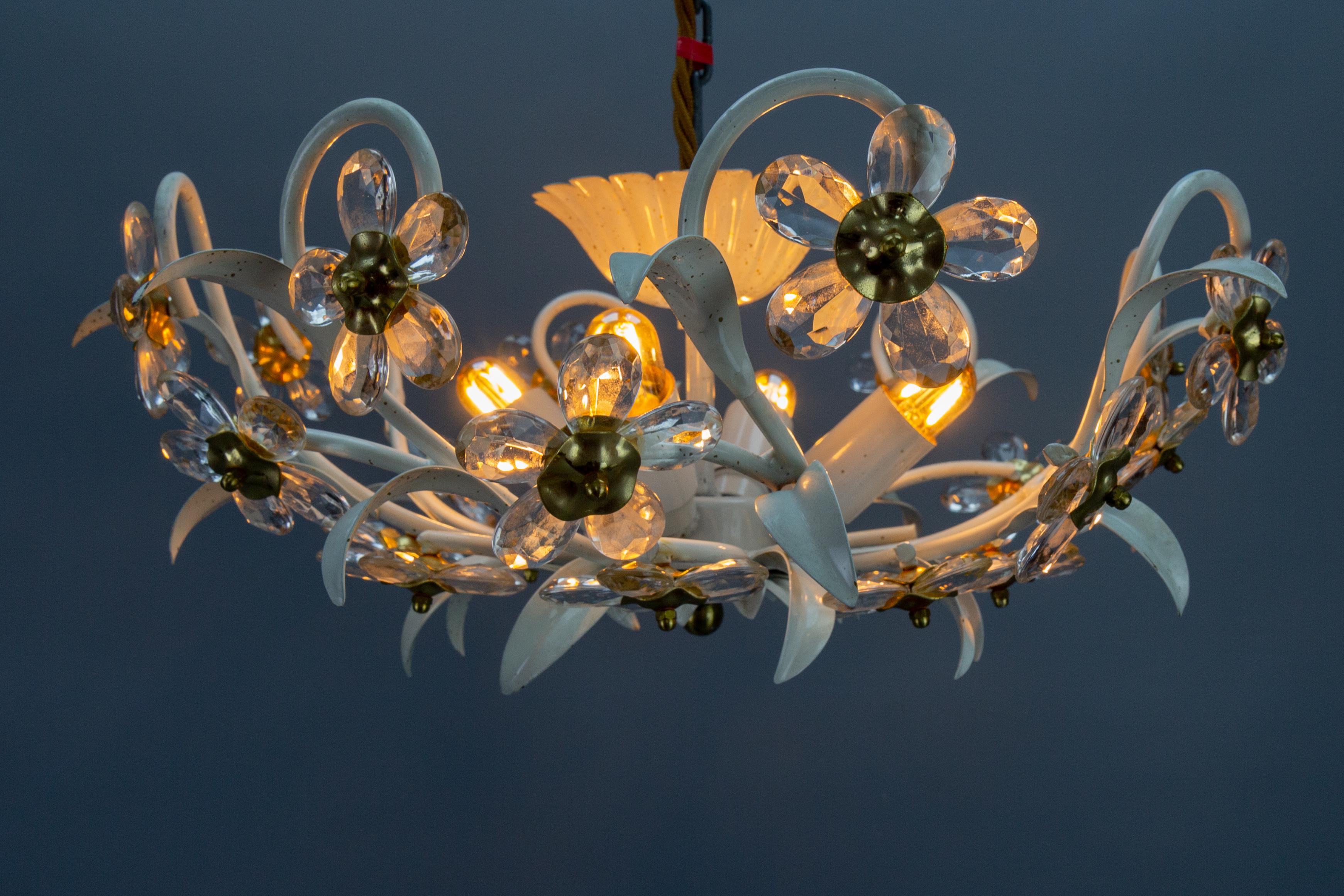 Hollywood Regency Style White Metal and Glass Flower Ceiling Light 1970s For Sale 3