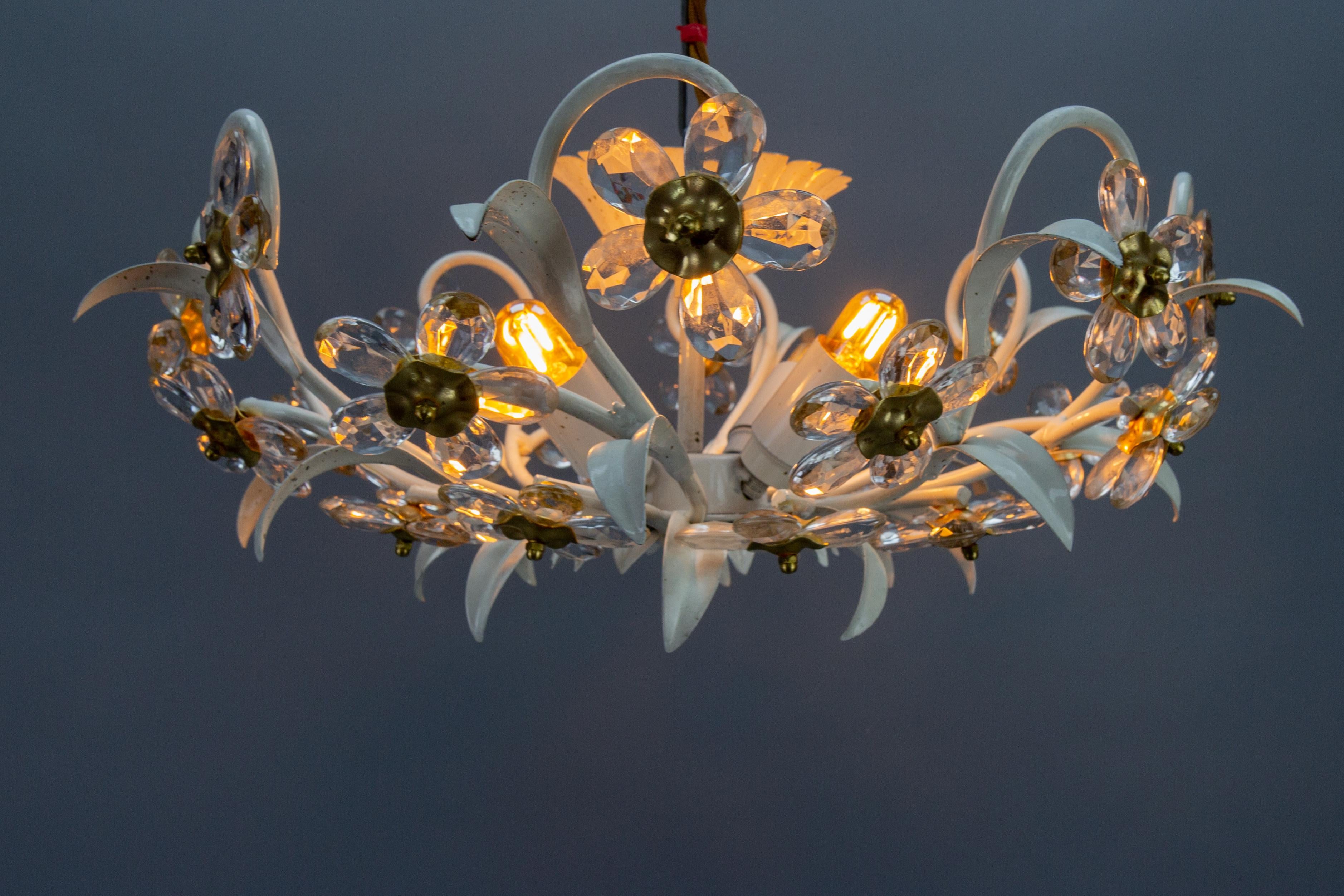 Hollywood Regency Style White Metal and Glass Flower Ceiling Light 1970s For Sale 4