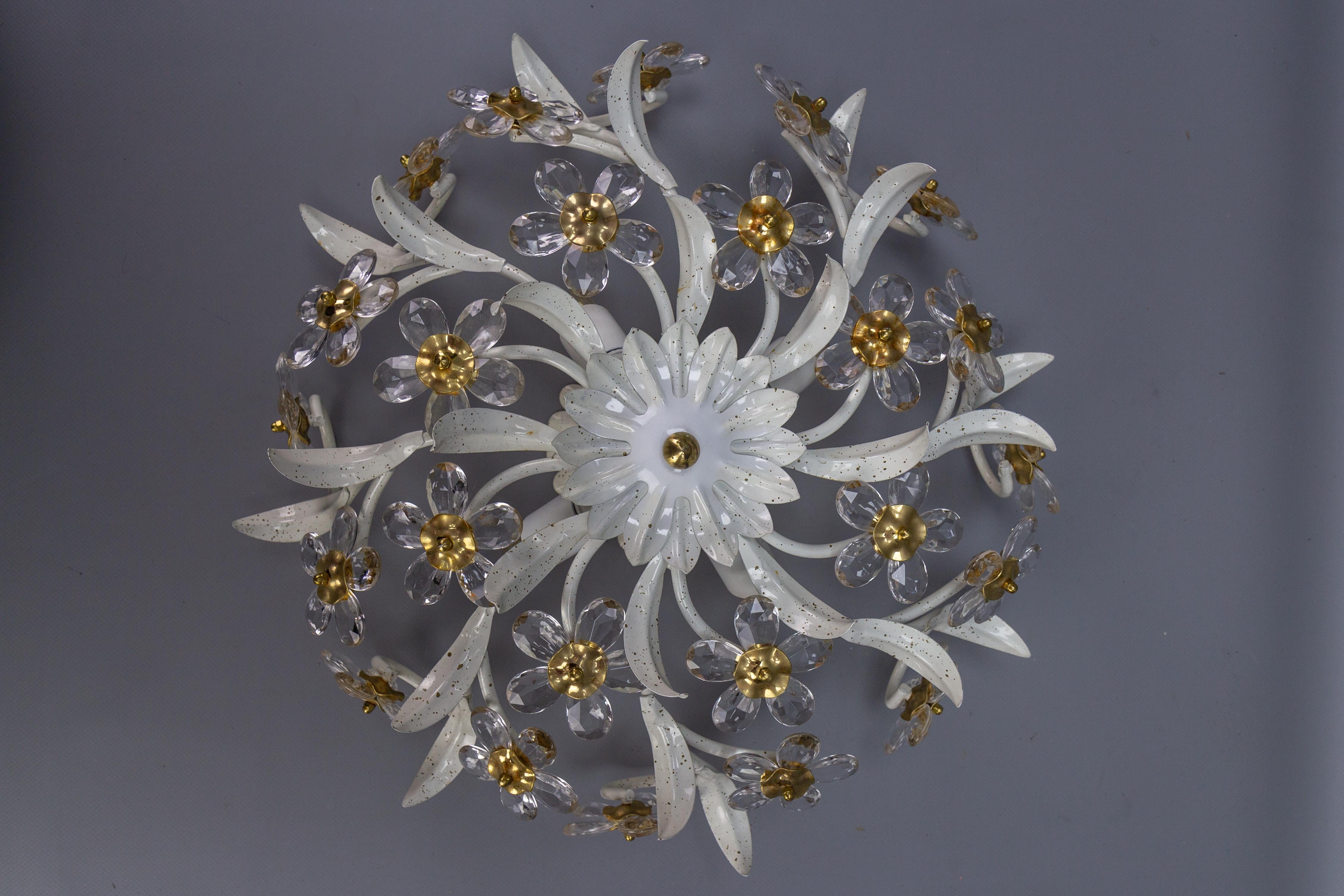 Mid-Century Modern Hollywood Regency Style White Metal and Glass Flower Ceiling Light 1970s For Sale