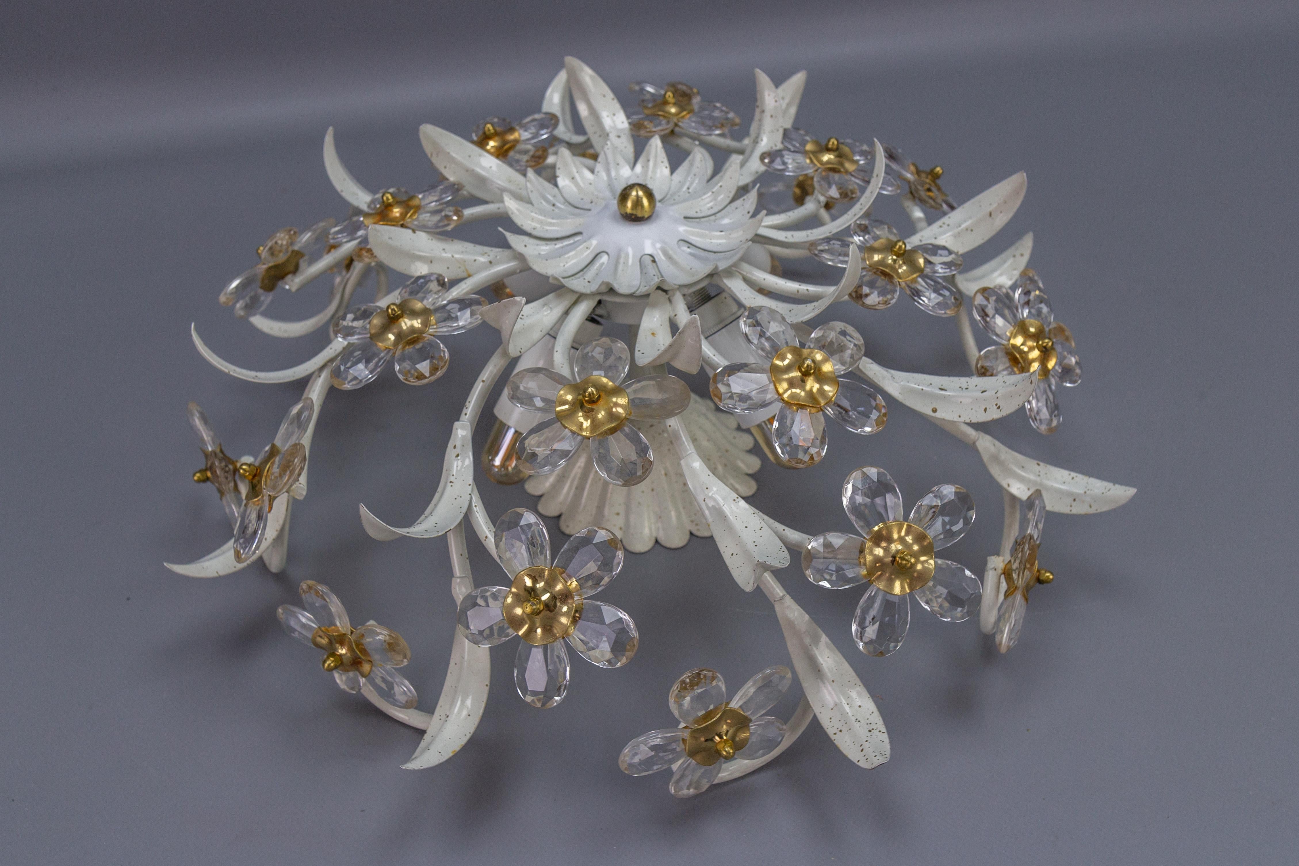 German Hollywood Regency Style White Metal and Glass Flower Ceiling Light 1970s For Sale