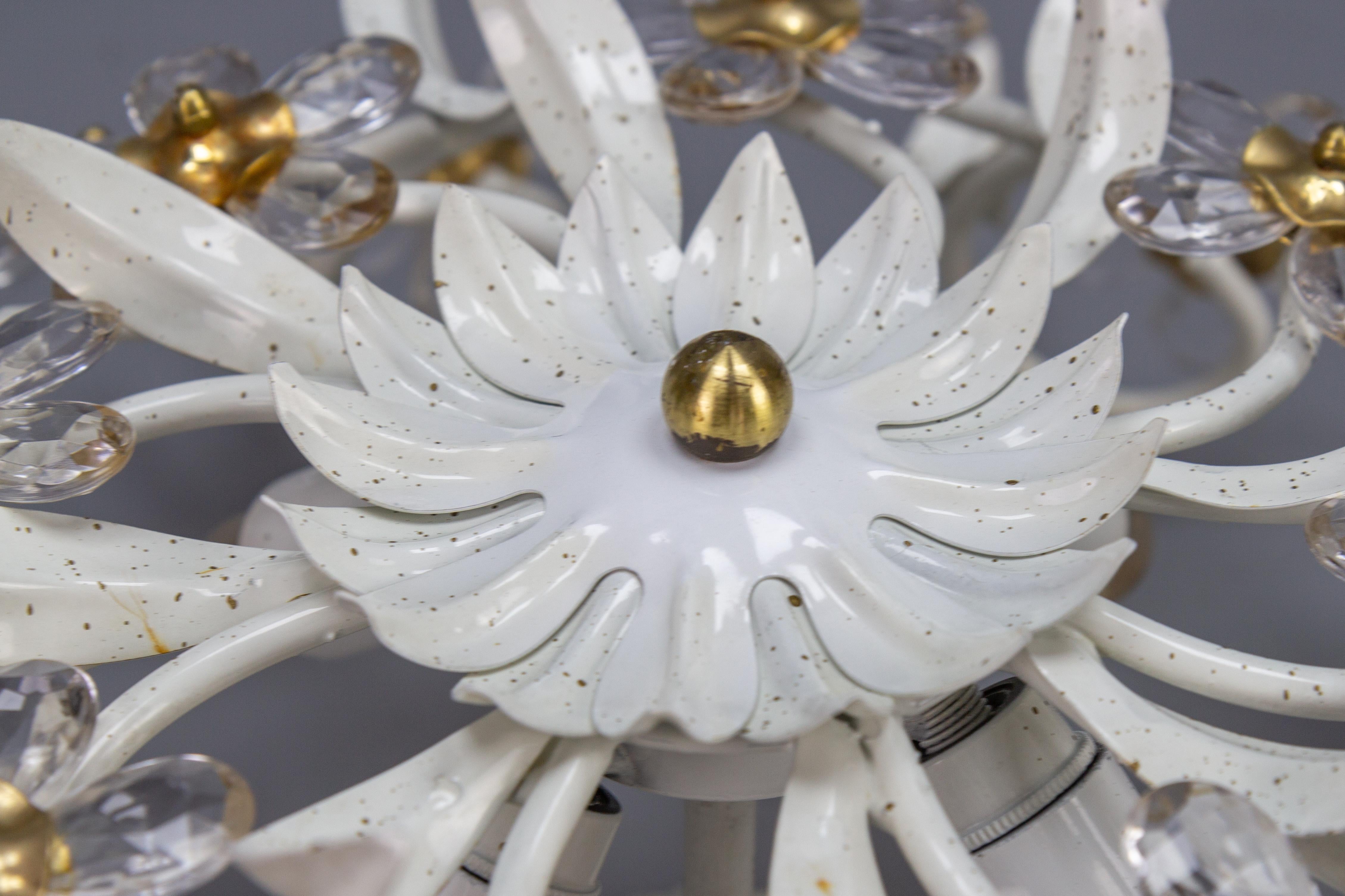 Painted Hollywood Regency Style White Metal and Glass Flower Ceiling Light 1970s For Sale