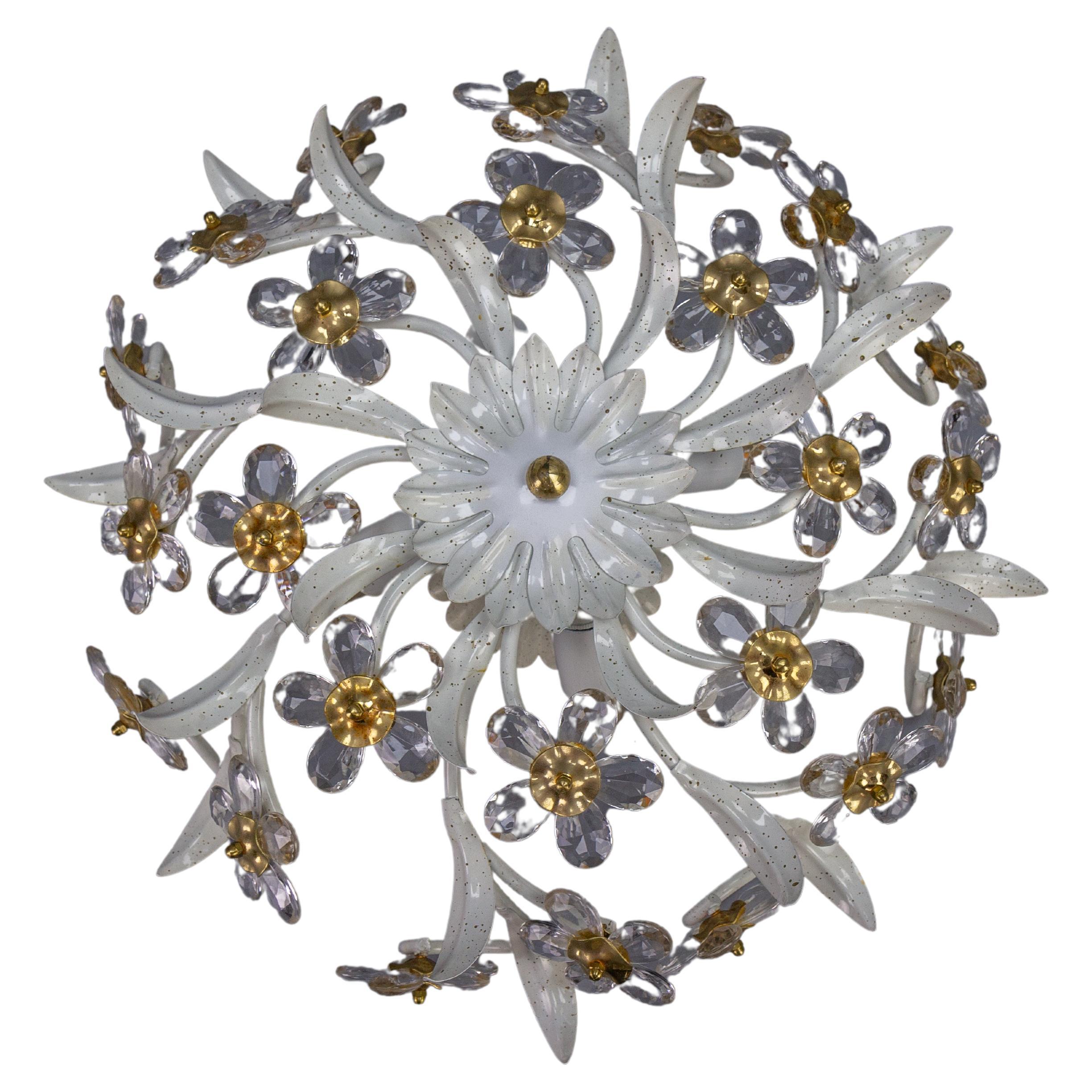 Hollywood Regency Style White Metal and Glass Flower Ceiling Light 1970s For Sale