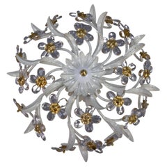 Hollywood Regency Style White Metal and Glass Flower Ceiling Light 1970s