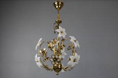 Hollywood Regency Style White Murano Glass Flower and Metal Chandelier, Italy