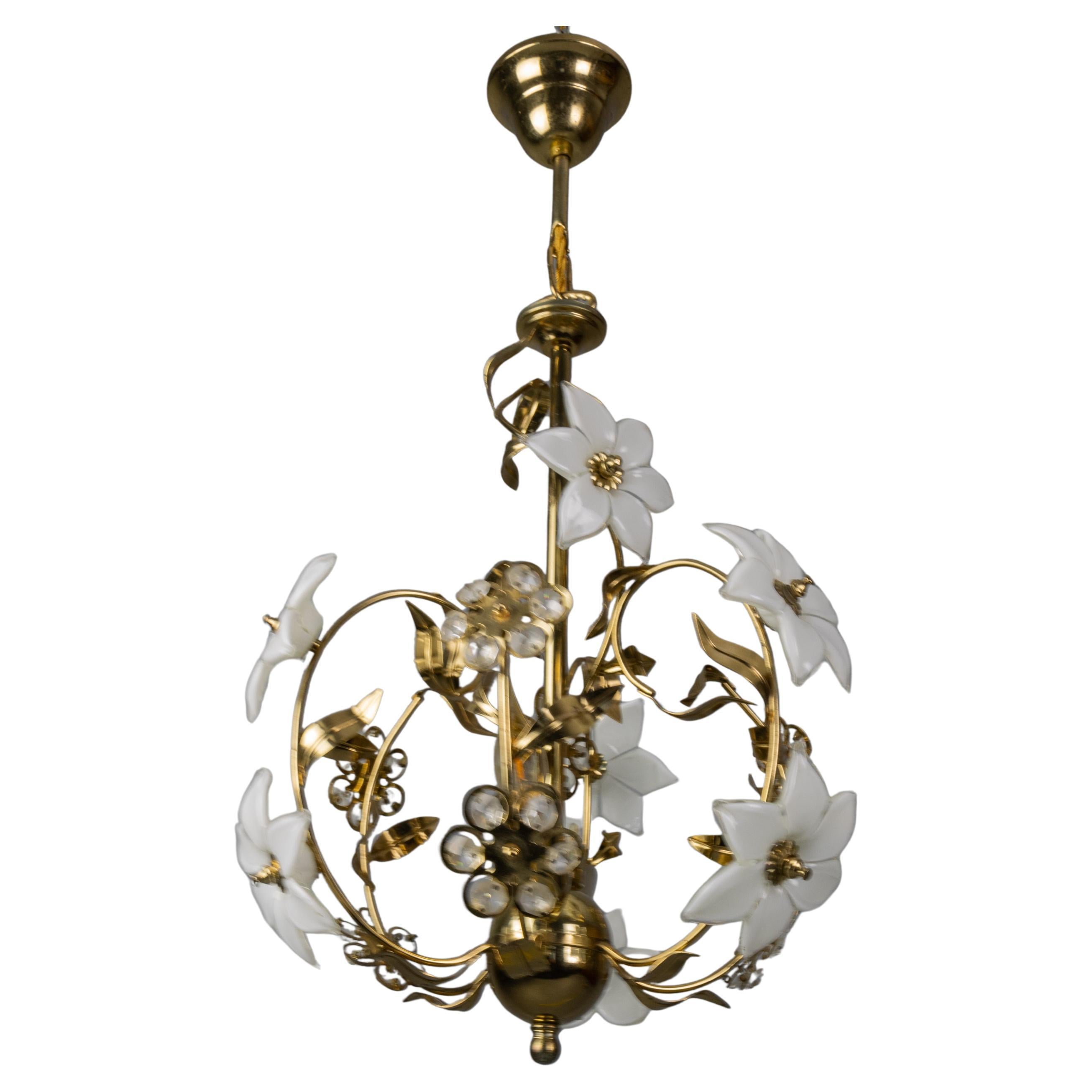 Hollywood Regency Style White Murano Glass Flower and Metal Chandelier, Italy