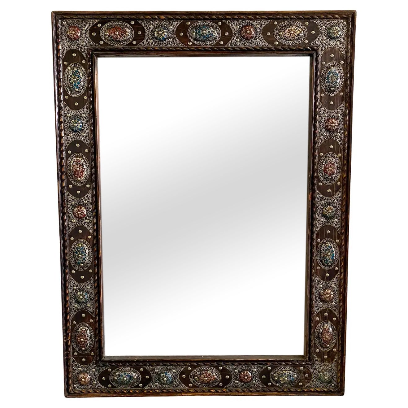 Hollywood Regency Style with Natural Stone and Brass Inlaid Hanging Wall Mirror For Sale