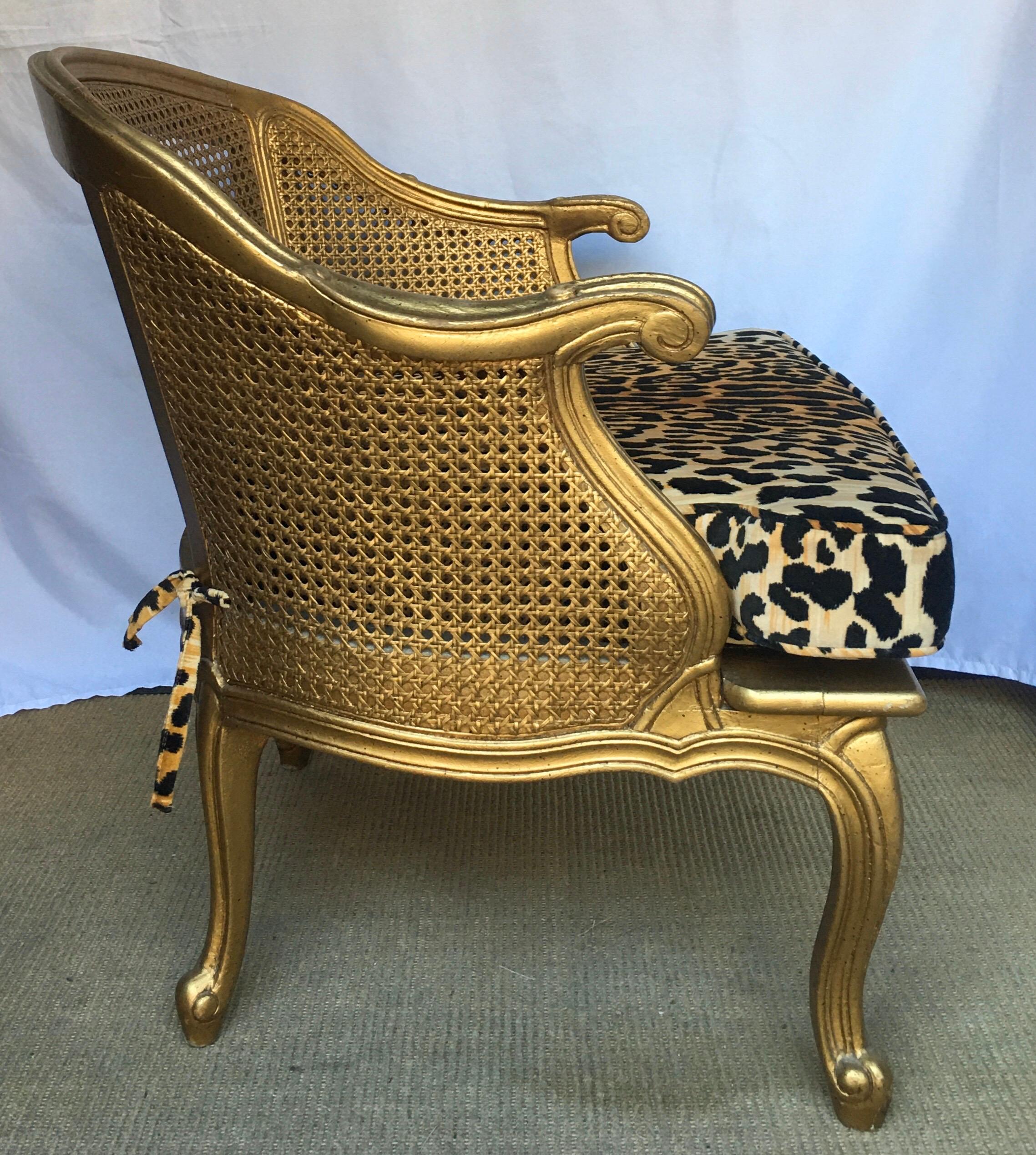 Spanish Hollywood Regency Style Woven Gilt Cane Armchair with Animal Print, Spain