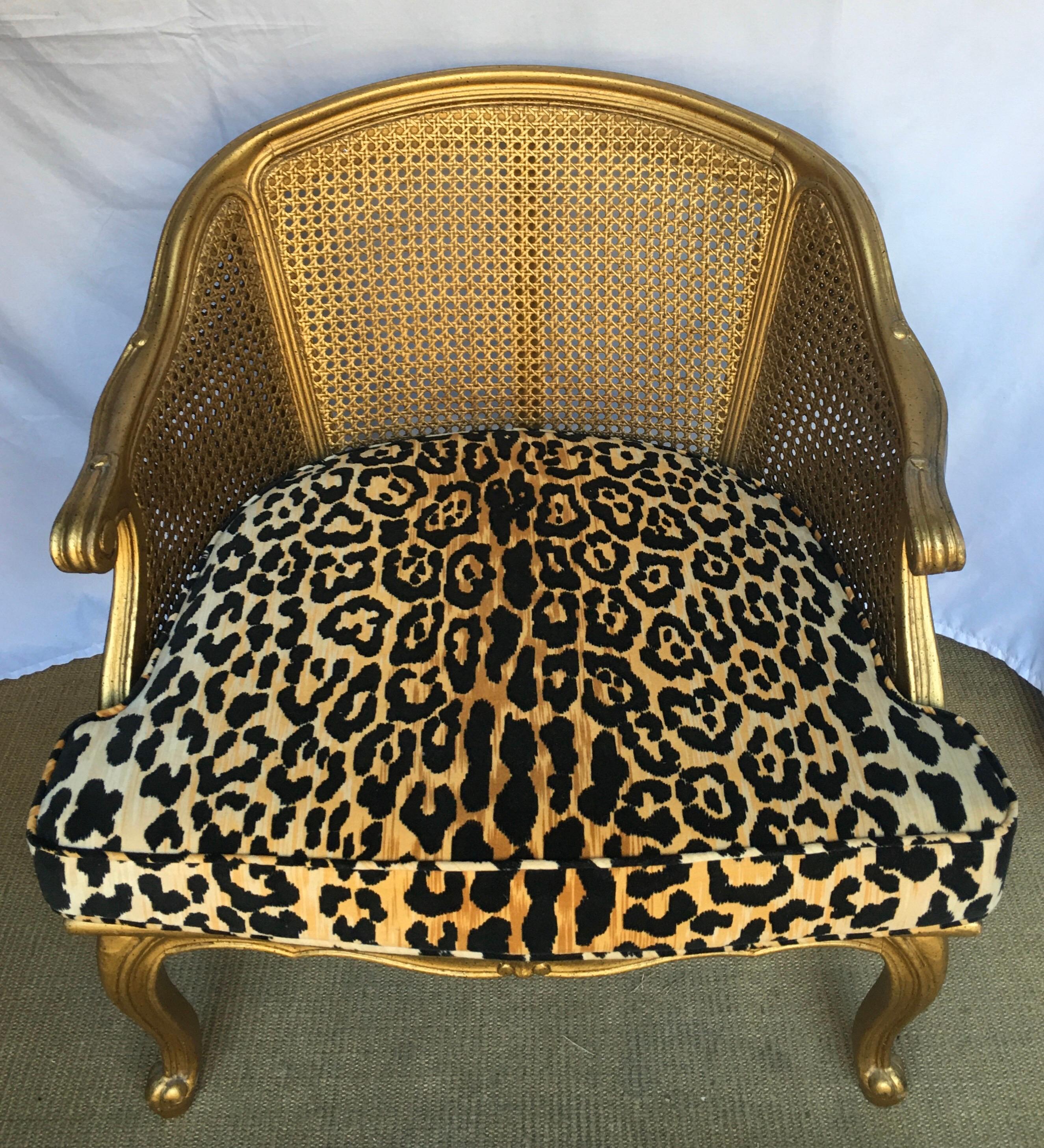 20th Century Hollywood Regency Style Woven Gilt Cane Armchair with Animal Print, Spain