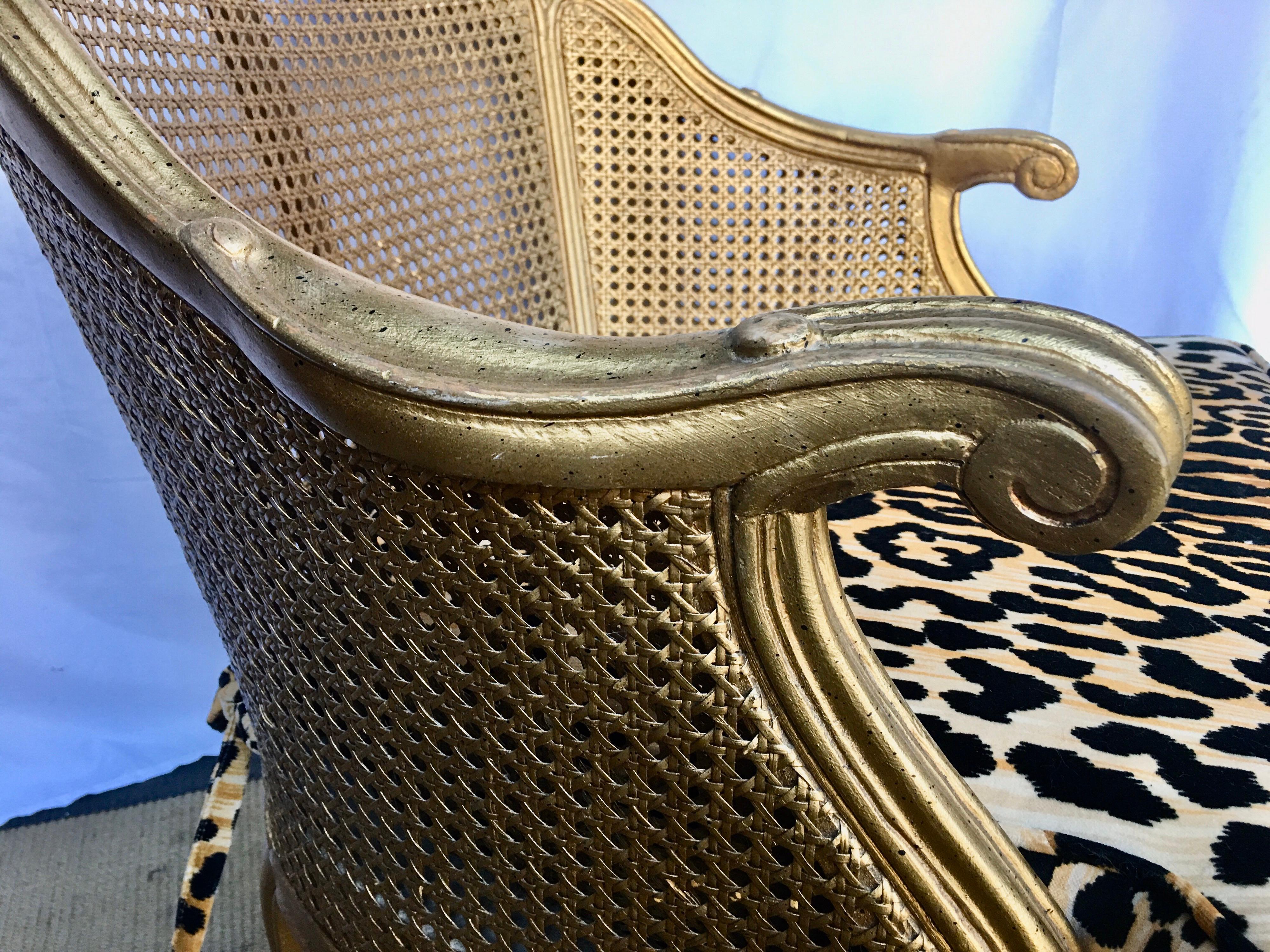 Velvet Hollywood Regency Style Woven Gilt Cane Armchair with Animal Print, Spain