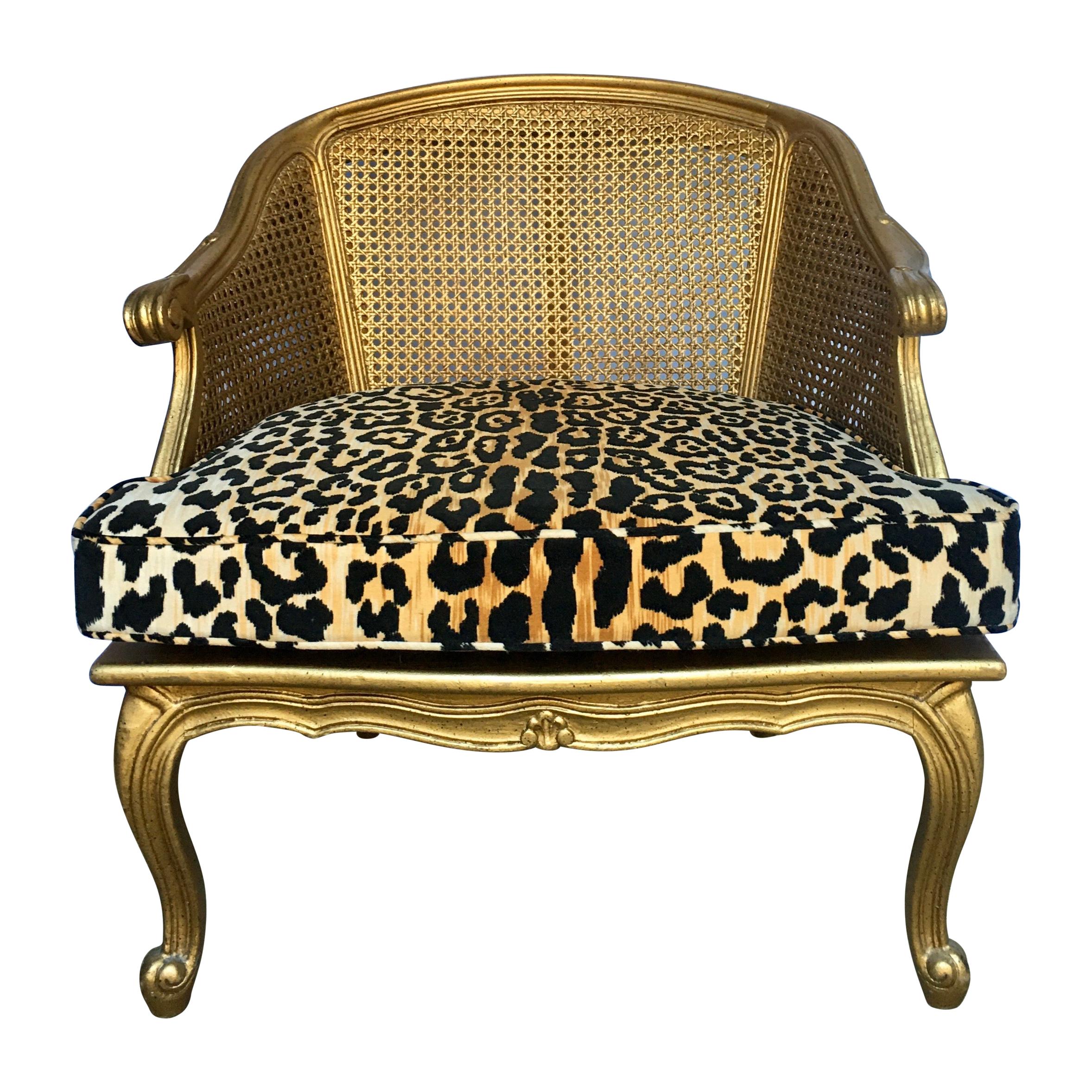Hollywood Regency Style Woven Gilt Cane Armchair with Animal Print, Spain