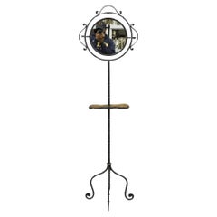 Vintage Hollywood Regency Style Wrought Iron Faux Bamboo Tall Standing Shaving Mirror