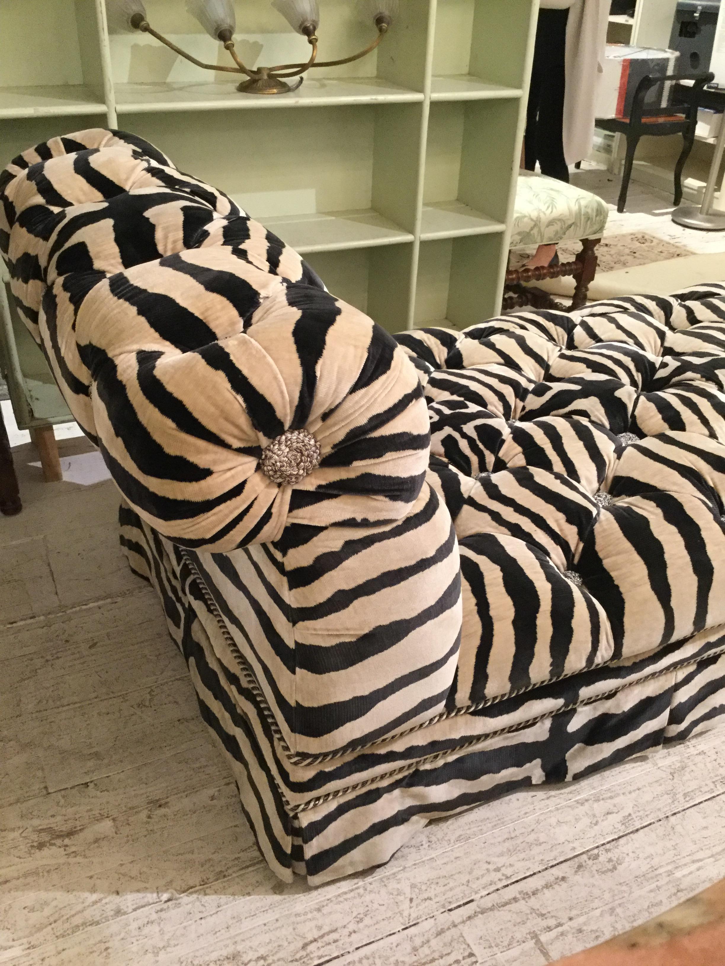 Fabulous 1980s velvet chaise. This comfy and elegant piece features a fabulous animal -print heavy velvet that contains mohair and cotton for a thick, plush feel. In perfect, mint condition, this chaise will add 