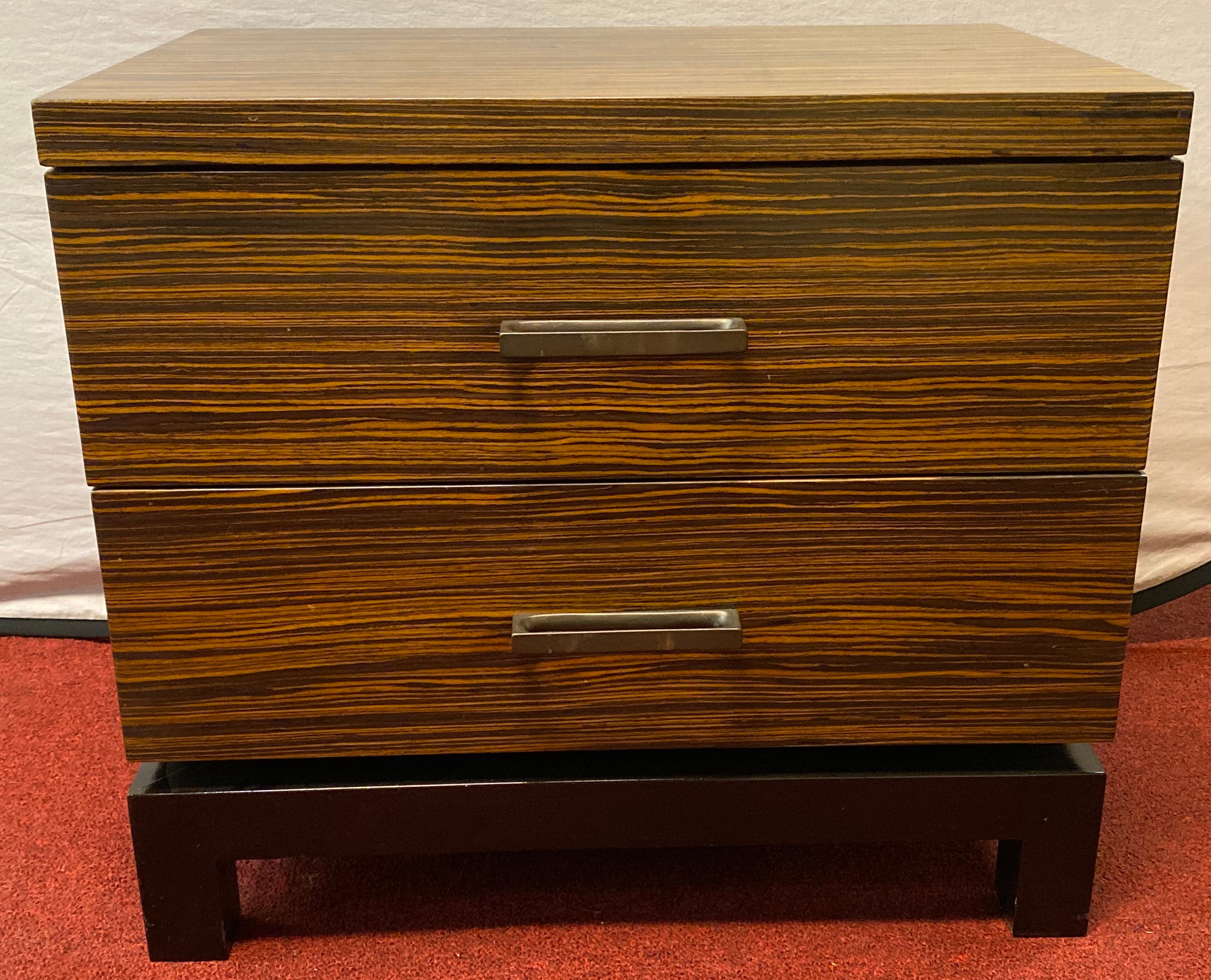 Mid-Century Modern Hollywood Regency Style Zebra Wood End Tables / Nightstands or Chests, a Pair