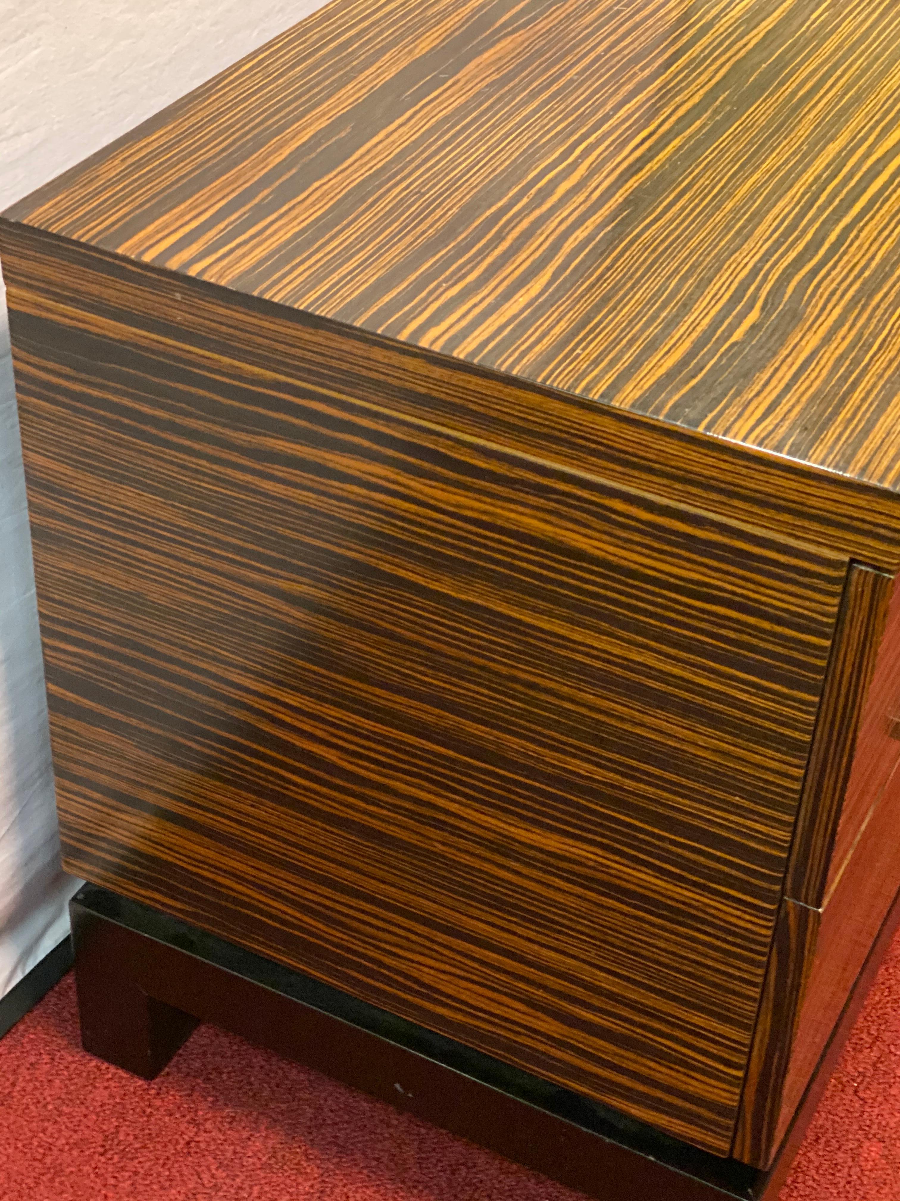 20th Century Hollywood Regency Style Zebra Wood End Tables / Nightstands or Chests, a Pair