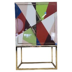 Hollywood Regency Styled Torino Reverse Painted Glass and Brass 2 Door Dry Bar