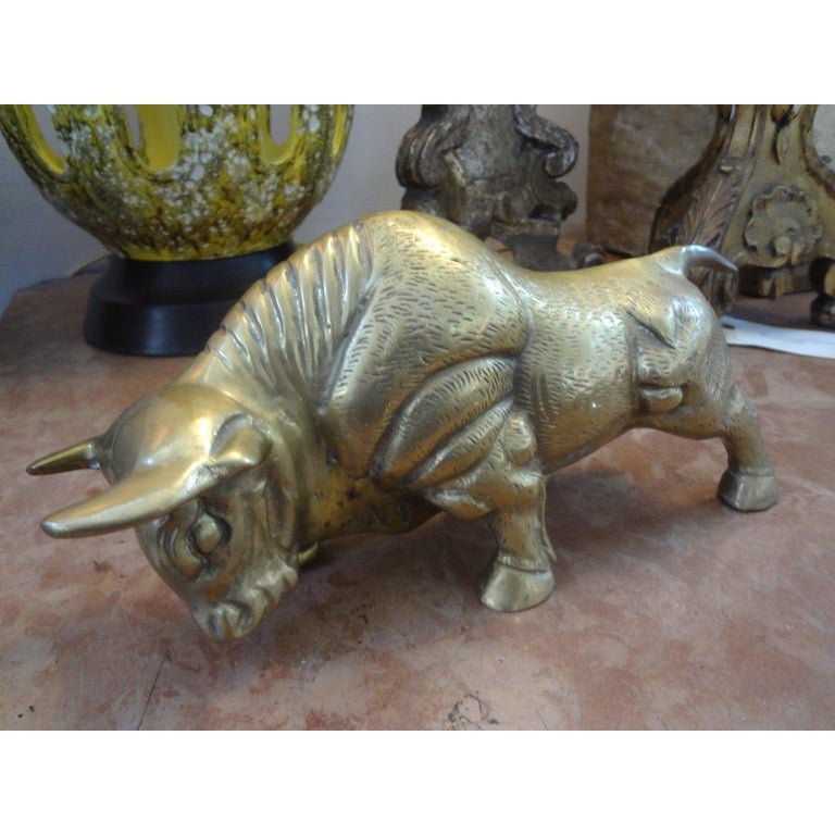 Hollywood Regency Stylized Brass Bull Statue In Good Condition In Houston, TX