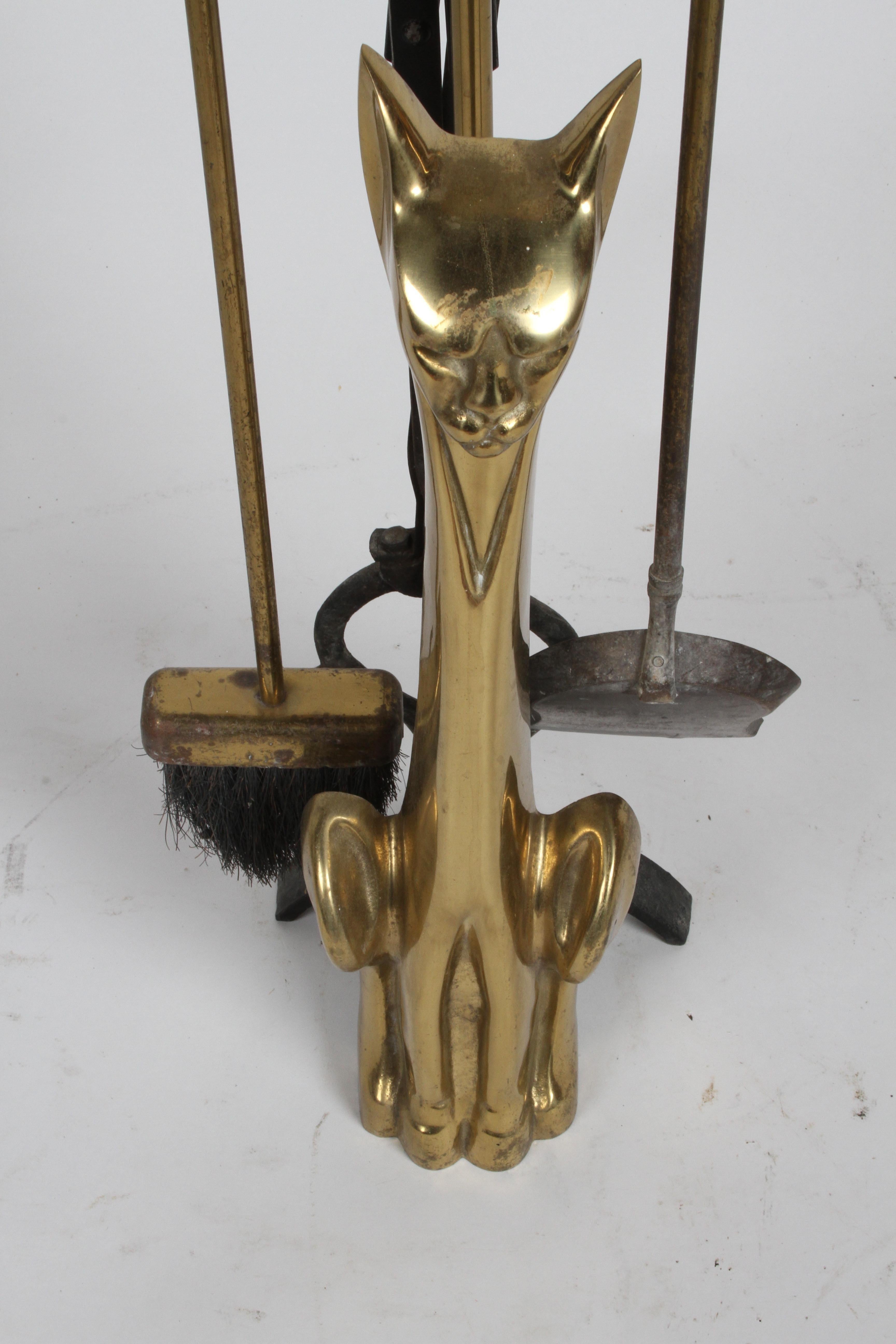 Hollywood Regency Stylized Tall Siamese Cat Brass Firetool Set - Japan  9