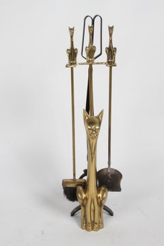 Hollywood Regency Stylized Tall Siamese Cat Brass Firetool Set - Japan